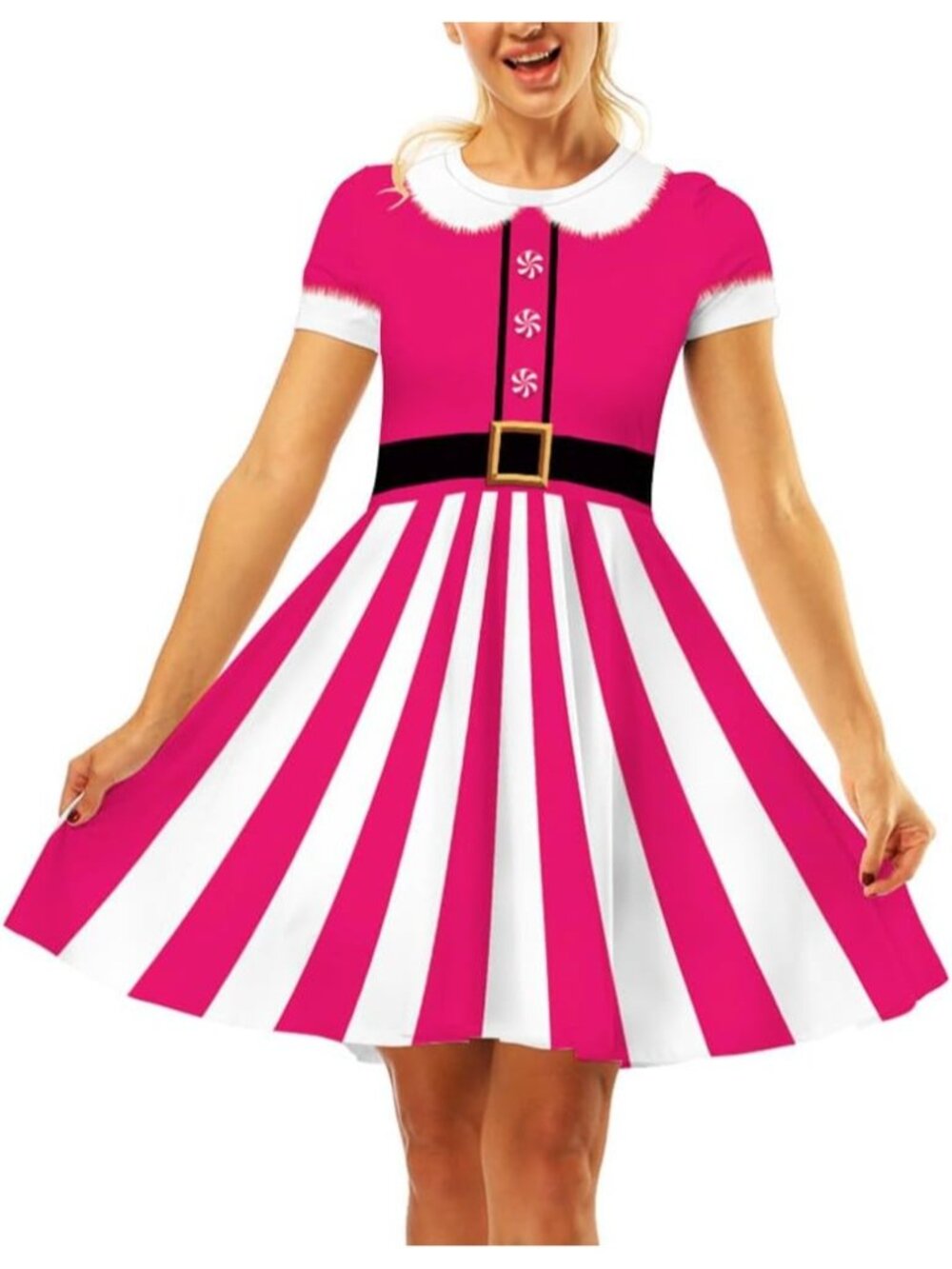 Women's Hot Pink Comfortable Print Holiday Xmas Belt Print Ugly Christmas Dress